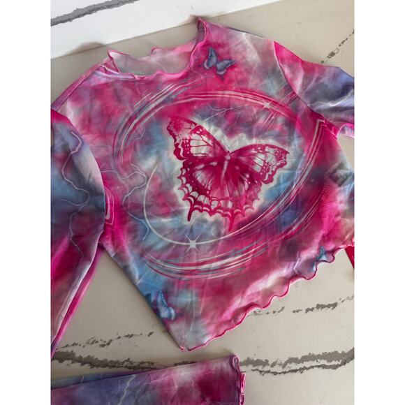 Shein NWT Mesh Long Sleeve Butterfly Print Top Pink Blue Y2K Aesthetic Medium - Picture 5 of 8